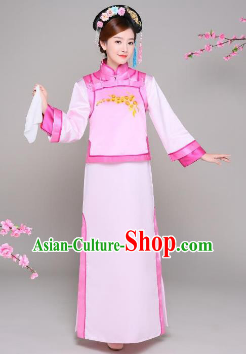 Traditional Chinese Qing Dynasty Manchu Princess Pink Costume, China Ancient Palace Lady Embroidered Clothing for Women