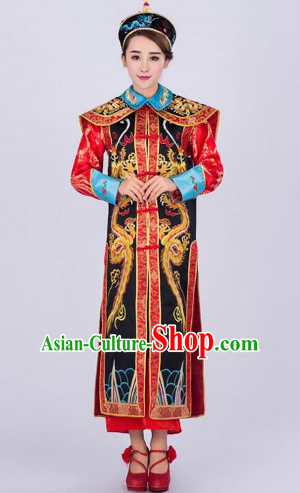 Traditional Ancient Chinese Qing Dynasty Empress Costume, China Manchu Palace Queen Embroidered Black Clothing for Women