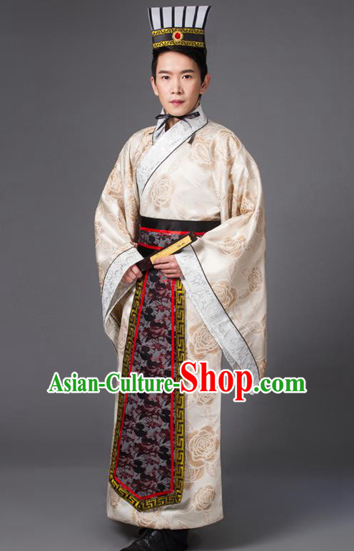 Traditional Chinese Han Dynasty Prime Minister Costume, China Ancient Chancellor Hanfu Printing Robe Clothing for Men