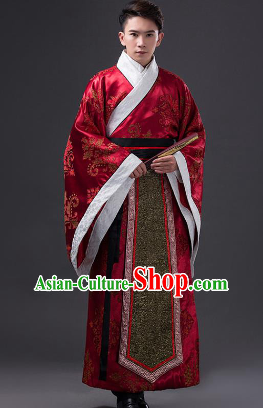Traditional Chinese Han Dynasty Minister Wedding Costume, China Ancient Chancellor Hanfu Red Embroidered Robe Clothing for Men