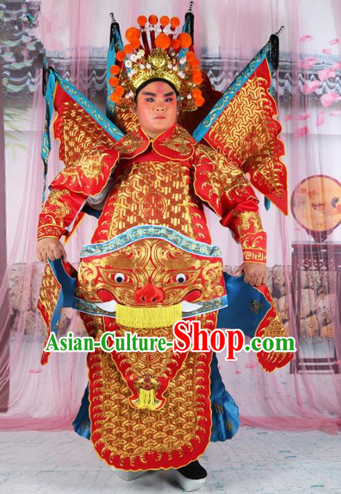 Chinese Beijing Opera General Costume Red Embroidered Robe, China Peking Opera Military Officer Embroidery Gwanbok Clothing