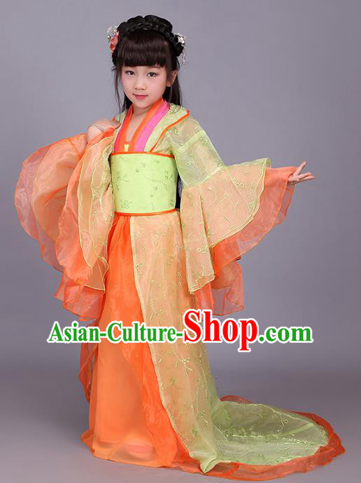 Traditional Ancient Chinese Imperial Princess Orange Costume, China Tang Dynasty Palace Lady Trailing Embroidered Clothing for Kids