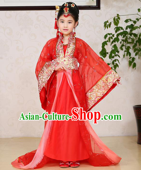 Traditional Chinese Tang Dynasty Palace Lady Costume, China Ancient Imperial Consort Hanfu Red Dress Clothing for Kids