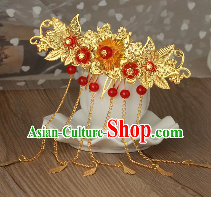 Traditional Handmade Chinese Classical Hair Accessories Hanfu Hairpins Golden Tassel Hair Comb for Women