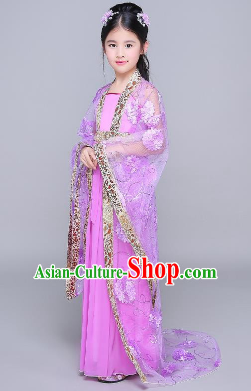 Traditional Chinese Tang Dynasty Fairy Palace Lady Costume, China Ancient Princess Hanfu Purple Dress Clothing for Kids