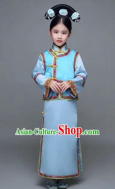 Traditional Chinese Qing Dynasty Manchu Princess Costume, China Palace Lady Embroidered Clothing for Kids