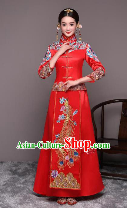 Ancient Chinese Wedding Costume Xiuhe Suits Traditional Women Embroidered Phoenix Flown Bride Toast Cheongsam