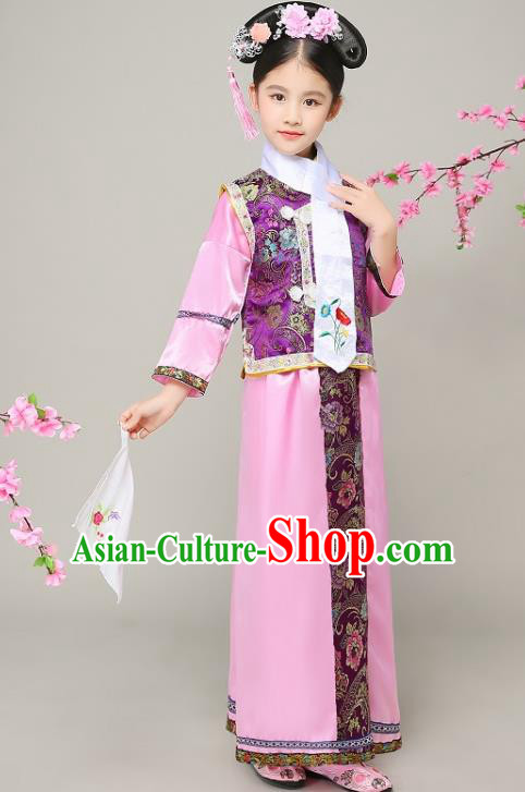 Traditional Chinese Qing Dynasty Court Princess Pink Costume, China Manchu Palace Lady Embroidered Clothing for Kids