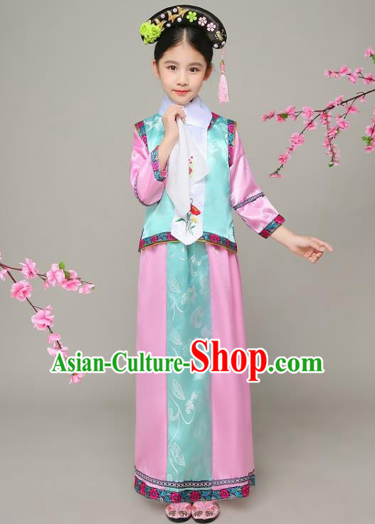 Traditional Chinese Qing Dynasty Court Princess Green Costume, China Manchu Palace Lady Embroidered Clothing for Kids