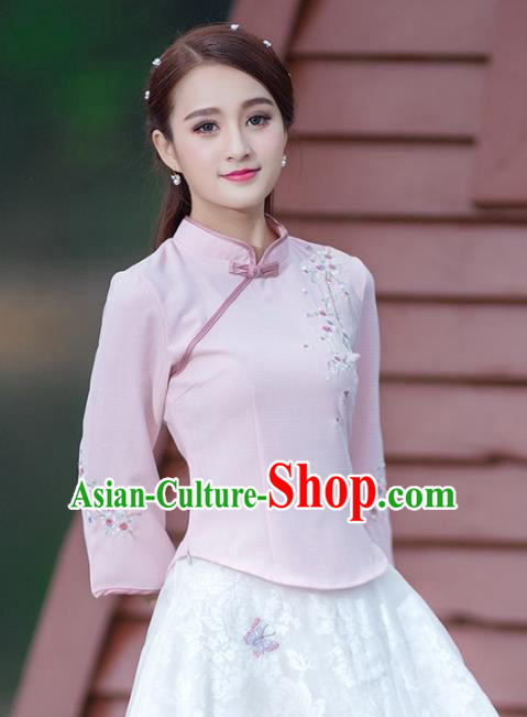 Traditional Chinese National Costume Hanfu Embroidery Pink Blouse and Skirt, China Tang Suit Cheongsam Clothing for Women