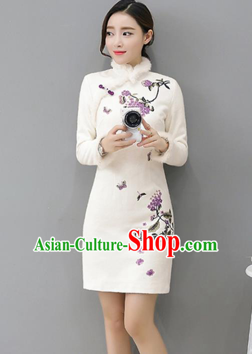 Traditional Chinese National Costume Hanfu White Embroidered Qipao Dress, China Tang Suit Cheongsam for Women