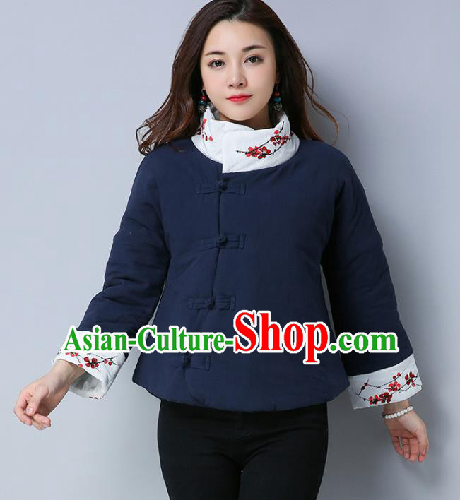 Traditional Chinese National Costume Hanfu Slant Opening Embroidered Cotton-padded Jacket, China Tang Suit Navy Coat for Women