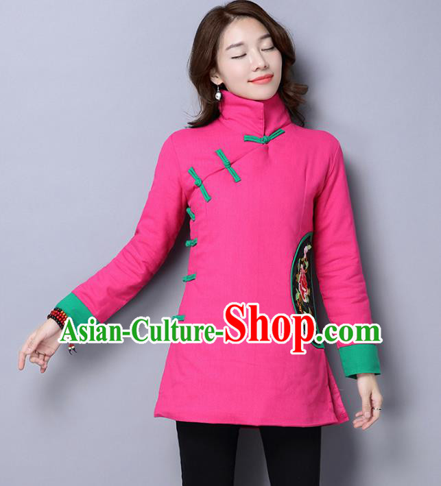 Traditional Chinese National Costume Hanfu Embroidered Peony Cotton-padded Jacket, China Tang Suit Pink Coat for Women