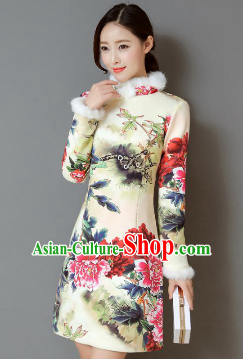 Traditional Chinese National Costume Hanfu Printing Peony Qipao, China Tang Suit Cheongsam Dress for Women