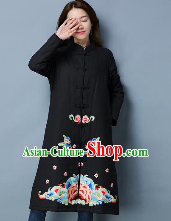 Traditional Chinese National Costume Hanfu Embroidered Coats, China Tang Suit Black Dust Coat for Women