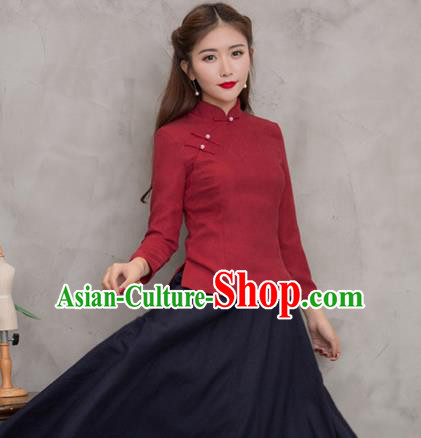 Traditional Chinese National Costume Hanfu Plated Buttons Wine Red Blouse, China Tang Suit Cheongsam Upper Outer Garment Shirt for Women