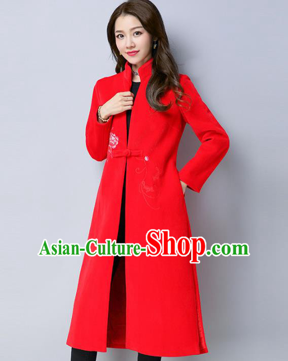 Traditional Chinese National Costume Hanfu Printing Red Cotton-padded Coats, China Tang Suit Dust Coat for Women
