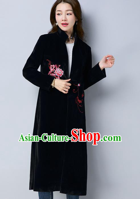 Traditional Chinese National Costume Hanfu Printing Black Cotton-padded Coats, China Tang Suit Dust Coat for Women