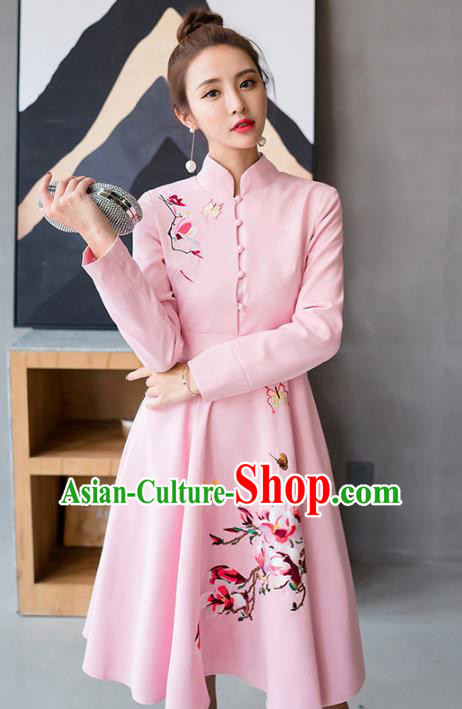 Traditional Chinese National Costume Hanfu Printing Pink Dress, China Tang Suit Cheongsam for Women