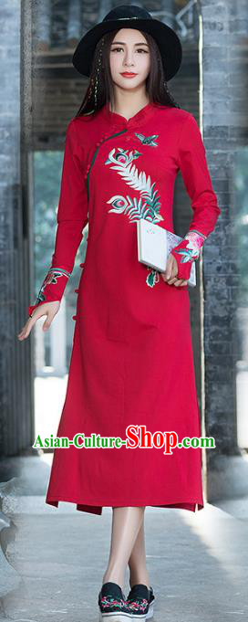 Traditional Chinese National Costume Hanfu Embroidered Peony Red Qipao, China Tang Suit Cheongsam Dress for Women