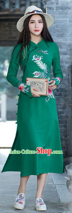 Traditional Chinese National Costume Hanfu Embroidered Peony Green Qipao, China Tang Suit Cheongsam Dress for Women