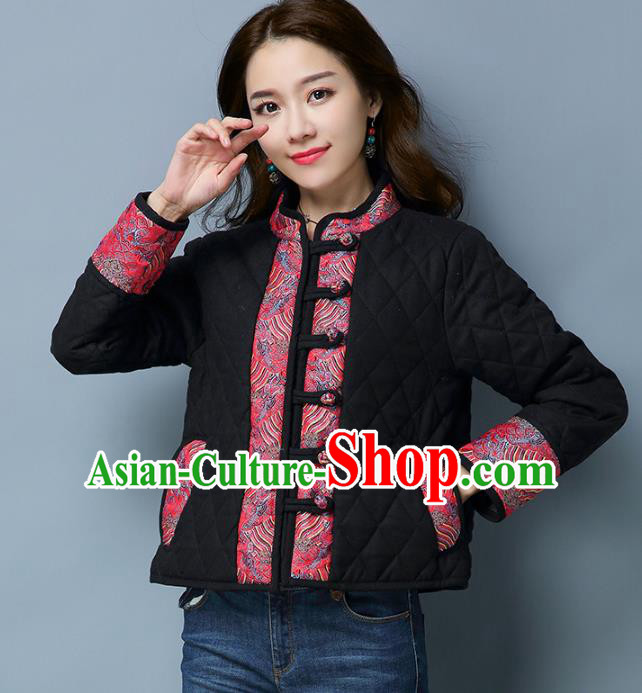 Traditional Chinese National Costume Hanfu Slant Opening Black Cotton-padded Jacket, China Tang Suit Coat for Women