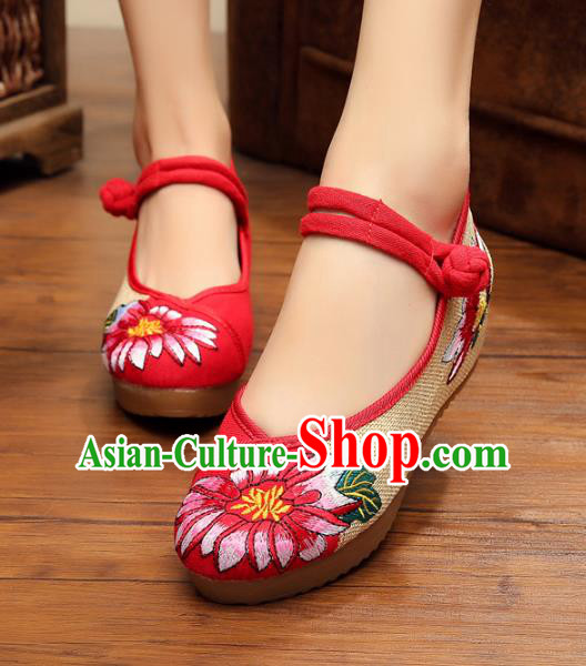 Asian Chinese National Red Linen Embroidered Shoes, Traditional China Princess Shoes Hanfu Embroidery Shoes for Women