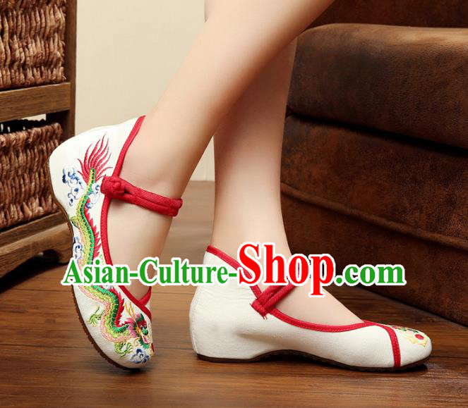 Traditional Chinese National White Satin Embroidered Lotus Shoes, China Princess Shoes Hanfu Embroidery Dragons Shoes for Women