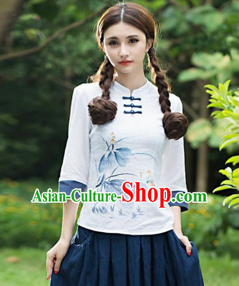 Traditional Chinese National Costume Hanfu Paiting Lotus White Blouse, China Tang Suit Cheongsam Upper Outer Garment Shirt for Women
