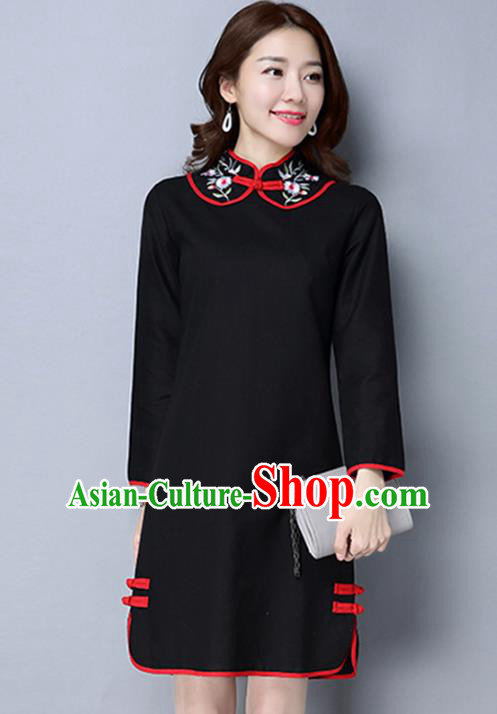 Traditional Chinese National Costume Hanfu Black Embroidered Qipao Dress, China Tang Suit Cheongsam for Women