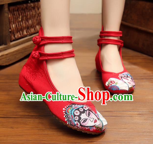 Traditional Chinese National Hanfu Shoes Red Canvas Embroidered Shoes, China Princess Embroidery Shoes for Women