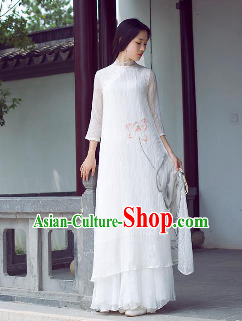 Traditional Chinese National Costume Hanfu Ink Painting Lotus White Qipao Dress, China Tang Suit Cheongsam for Women