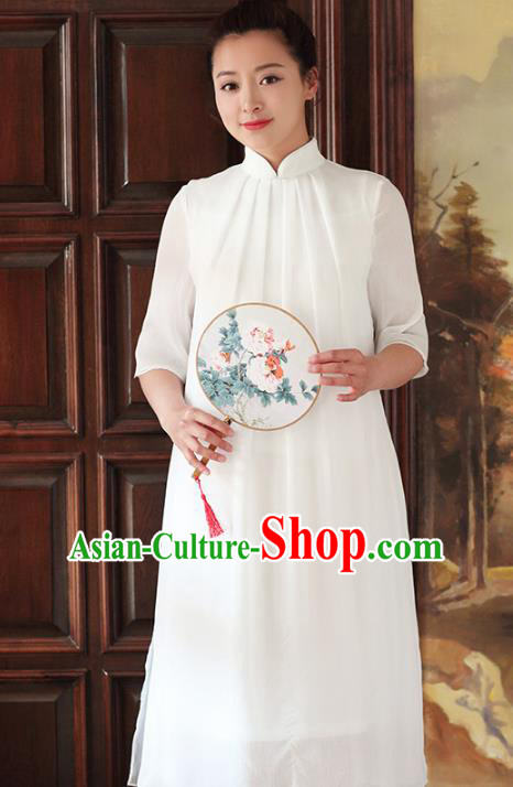 Traditional Chinese National Costume Hanfu White Stand Collar Qipao Dress, China Tang Suit Cheongsam for Women