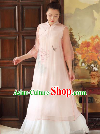 Traditional Chinese National Costume Hanfu Ink Painting Lotus Pink Qipao Dress, China Tang Suit Cheongsam for Women