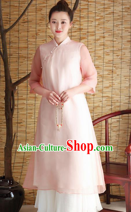 Traditional Chinese National Costume Hanfu Slant Opening Pink Qipao Dress, China Tang Suit Cheongsam for Women