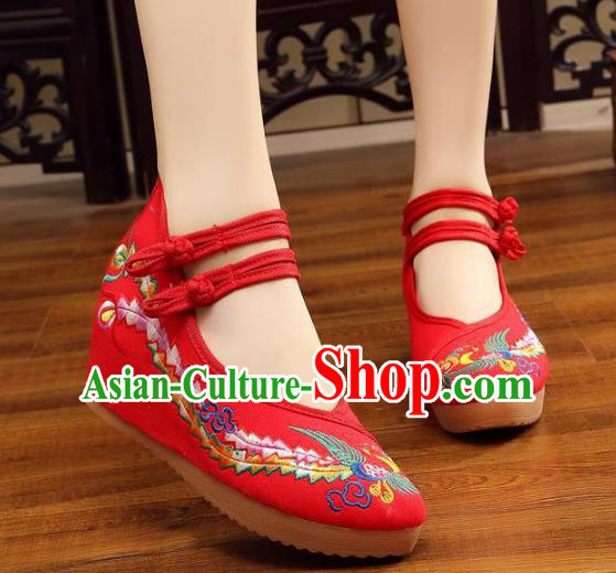 Traditional Chinese National Hanfu Wedding Red Embroidered Shoes, China Princess Embroidery Phoenix Shoes for Women