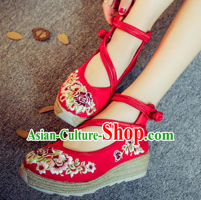 Traditional Chinese National Hanfu Red Linen Embroidered Shoes, China Princess Embroidery Peony Shoes for Women