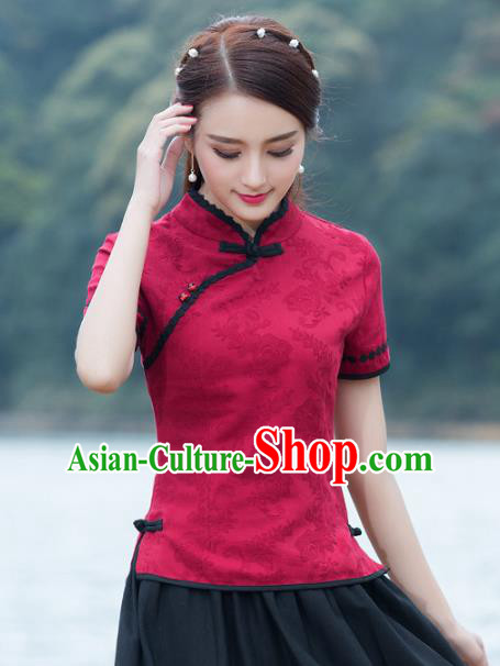 Traditional Chinese National Costume Hanfu Red Qipao Blouse, China Tang Suit Cheongsam Upper Outer Garment Shirt for Women