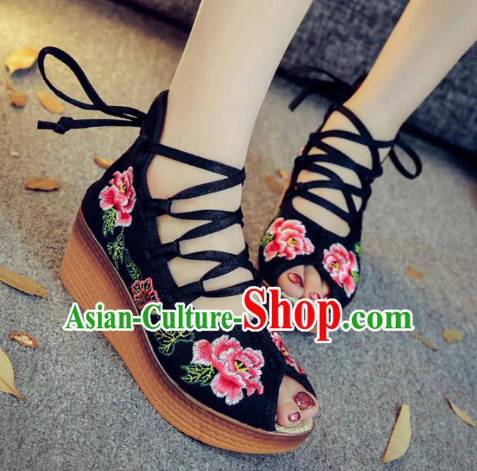Traditional Chinese National Hanfu Black Embroidered Shoes, China Princess Embroidery Peep-toe Shoes for Women