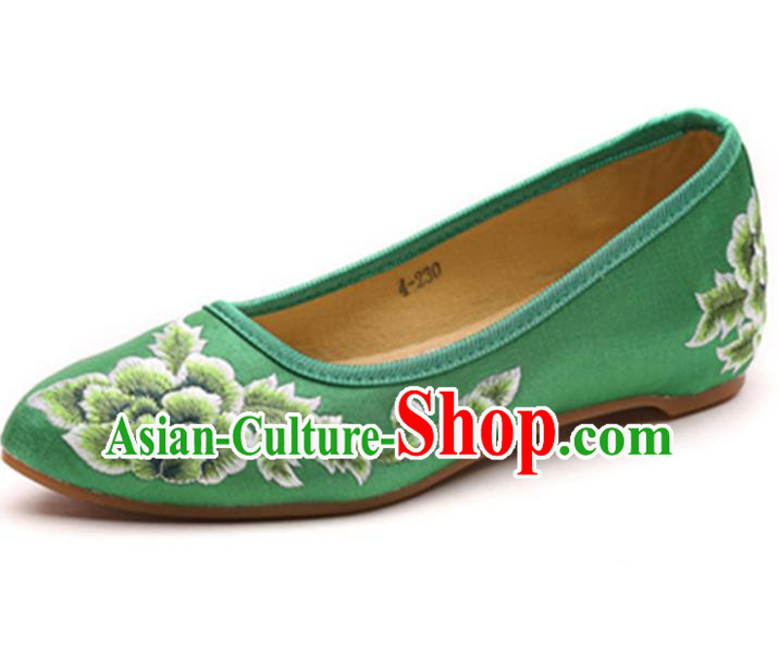 Traditional Chinese National Hanfu Embroidered Shoes, China Princess Embroidery Peony Green Shoes for Women