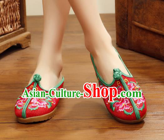 Traditional Chinese National Hanfu Embroidered Slippers, China Princess Embroidery Peony Red Shoes for Women
