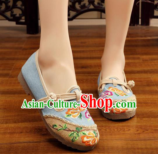 Traditional Chinese National Hanfu Embroidery Peony Linen Shoes, China Princess Blue Embroidered Shoes for Women