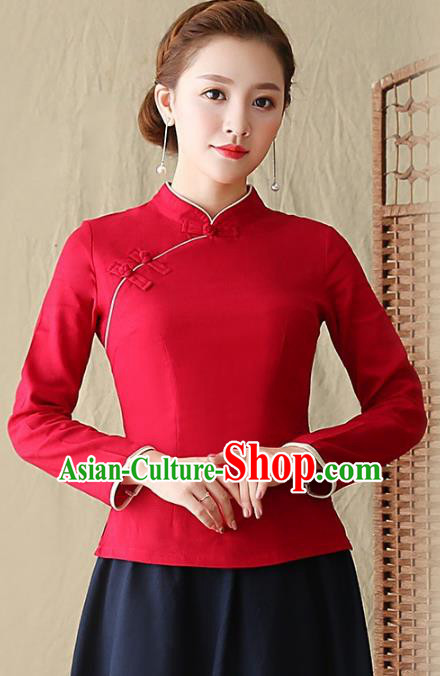 Traditional Chinese National Costume Hanfu Plated Buttons Shirts, China Tang Suit Cheongsam Upper Outer Garment Red Blouse for Women