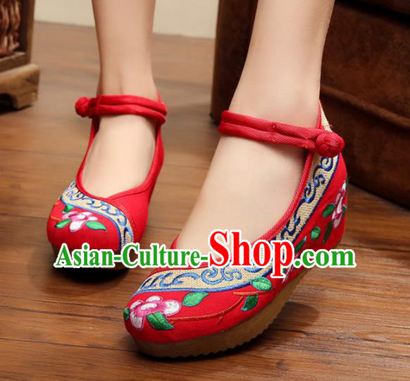 Traditional Chinese National Hanfu Embroidery Flowers Red Shoes, China Princess Embroidered Shoes for Women