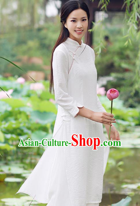 Traditional Chinese National Costume Hanfu Slant Opening White Qipao Dress, China Tang Suit Cheongsam for Women
