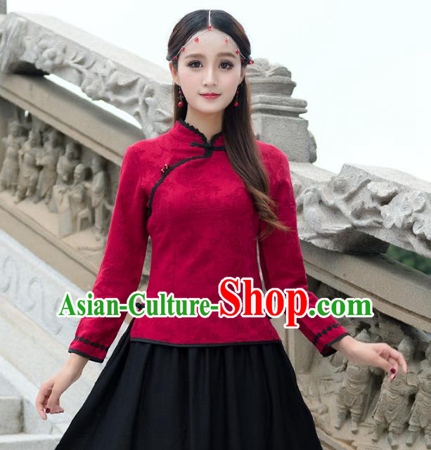 Traditional Chinese National Costume Hanfu Embroidery Red Lace Blouse, China Tang Suit Cheongsam Upper Outer Garment Shirt for Women