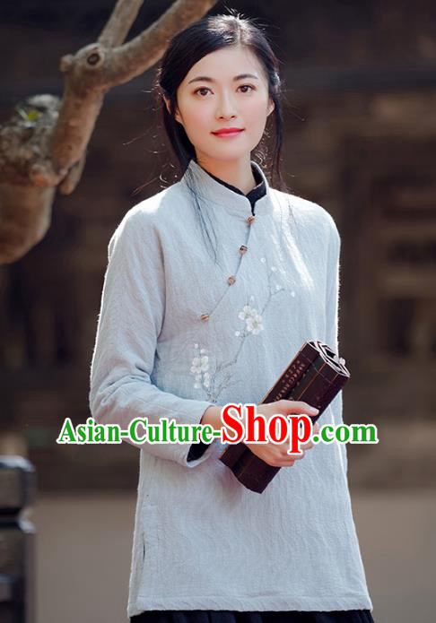Traditional Chinese National Costume Hanfu Printing Wintersweet Grey Blouse, China Tang Suit Cheongsam Upper Outer Garment Shirt for Women