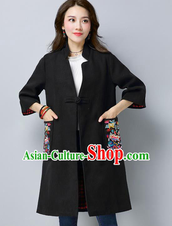 Traditional Chinese National Costume Hanfu Embroidered Black Coat, China Tang Suit Woolen Dust Coat for Women