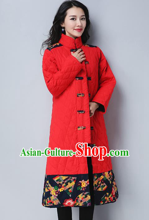 Traditional Chinese National Costume Hanfu Embroidered Cotton-padded Coat, China Tang Suit Plated Buttons Red Dust Coat for Women