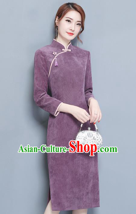 Traditional Chinese National Costume Hanfu Purple Qipao Dress, China Tang Suit Cheongsam for Women